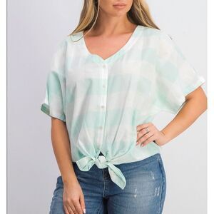 Style & Co. Gingham Tie Front Short Sleeve Button Up Linen Top Mint White Medium